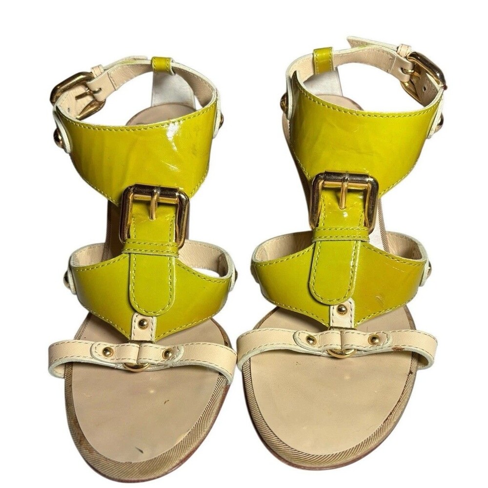 Giuseppe Zanotti Ladies Cone Heels Lime Green Buckle Open Toe Gold Hardware 36.5